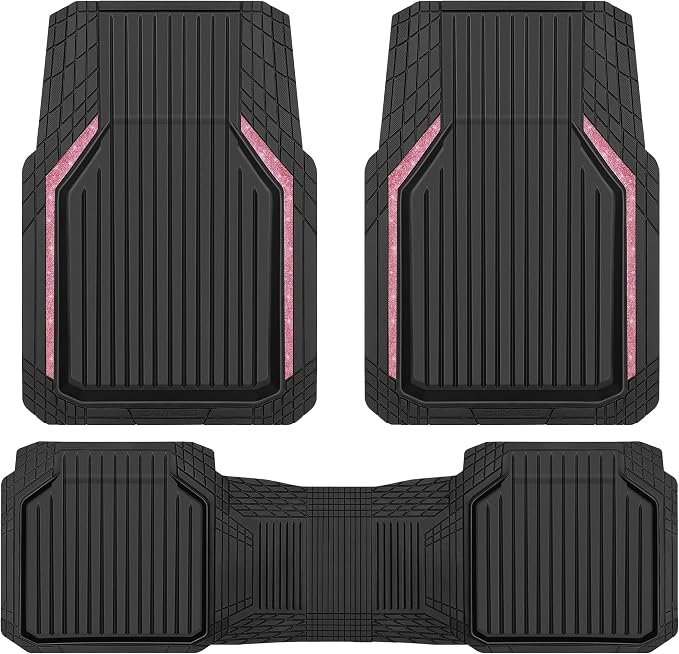 CAR PASS Pink Heavy Duty Rubber Floor Mats for Car, Waterproof Liner Deep Dish Bling Car Mats Full Sets, Universal Trim to Fit for SUV Truck Sedans Vans, All Weather Floor Mats, Pink Sparkly
