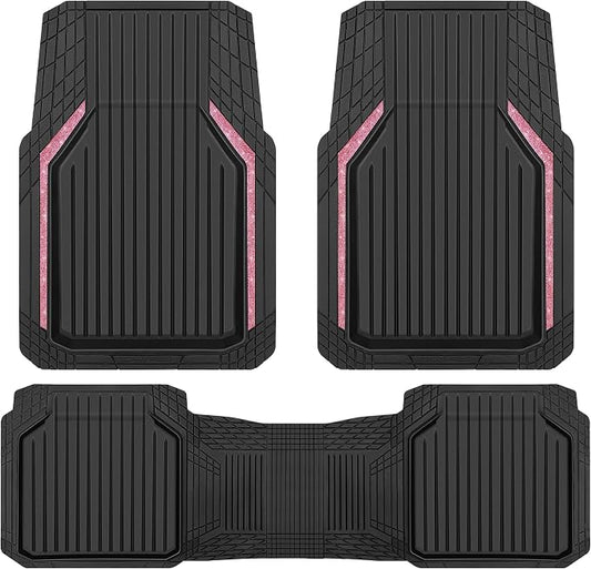 CAR PASS Pink Heavy Duty Rubber Floor Mats for Car, Waterproof Liner Deep Dish Bling Car Mats Full Sets, Universal Trim to Fit for SUV Truck Sedans Vans, All Weather Floor Mats, Pink Sparkly