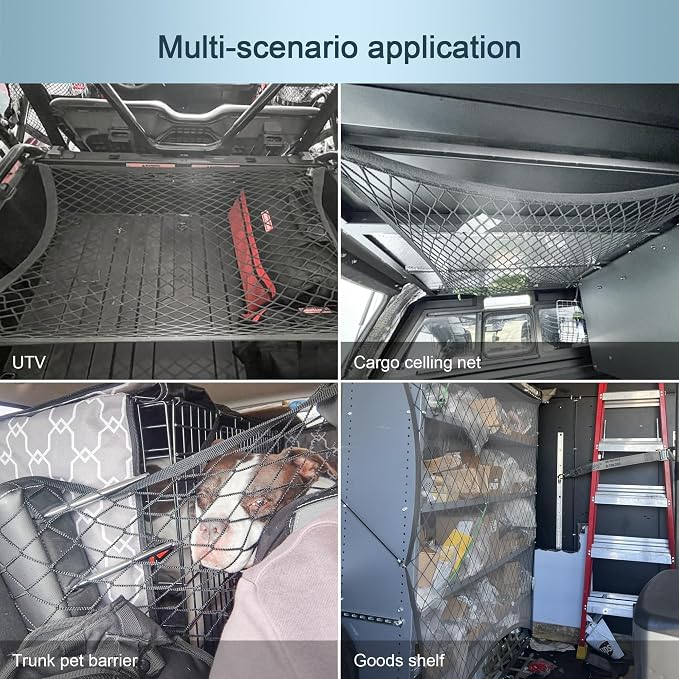 Elastic Cargo Net for SUV Trunk, 31.5"x23.6" to 70.8"x47.2", Gray | Stretches to 70.8"x47.2", high-density mesh, tool-free install with ABS hooks. Safe materials certified.