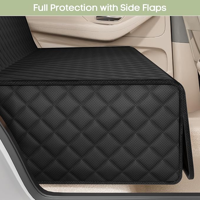 Back Seat Cover for Dogs, Bench Seat Cover Protector with Side Flaps | 600D Oxford, Waterproof Scratchproof Non-Slip Car Seat for Dogs, Velcro Openings for Child Seat Access, Fits Cars Trucks SUVs