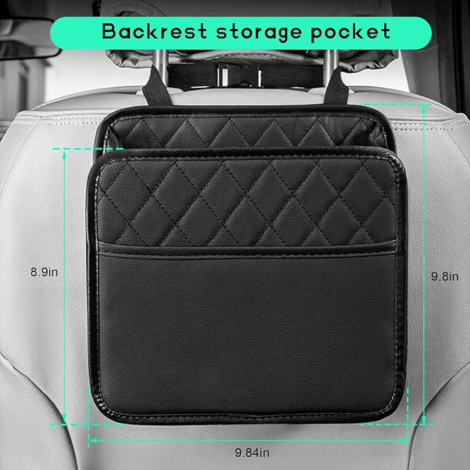 Car Back Seat Organizer, Large Capacity Foldable Car Headrest Hanging Organizer with Storage Pockets, Waterproof Leather Multipurpose Back Seat Storage Bag for Most Vehicles (Black)