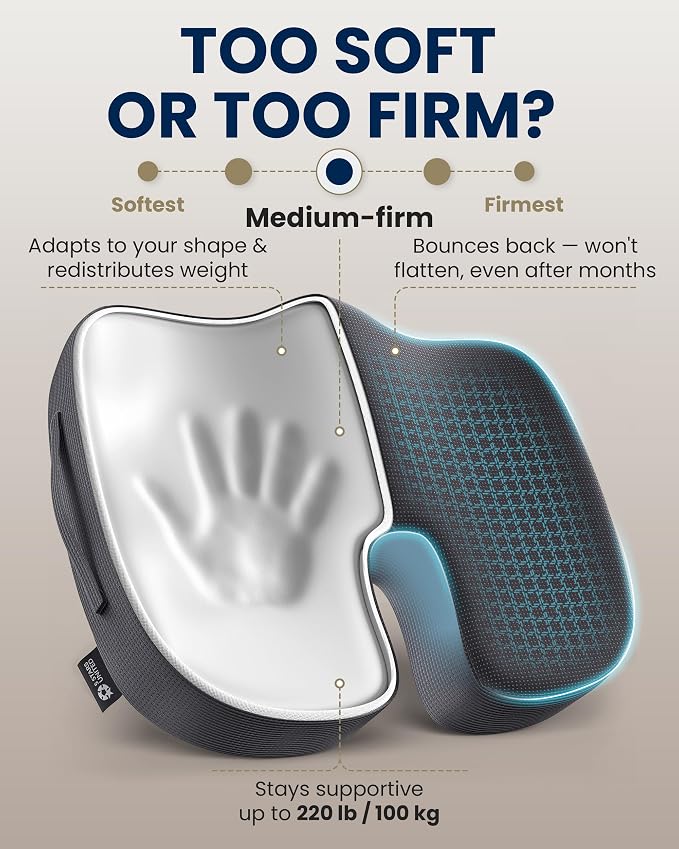 5 STARS UNITED Seat Cushion - Memory Foam Chair Cushion for Tailbone Pain Relief - Ergonomic Support for Coccyx, Sciatica & Butt - Office, Desk & Gaming Chair, Car Seat, Wheelchair, Airplane, D Gray