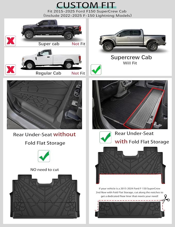 KARPAL Floor Mats for 2015-2025 2026 Ford F-150 SuperCrew (Includes 2022-2026 Lightning), Custom Fit TPE All Weather Ford F150 Accessories 1st & 2nd Row Floor Liner