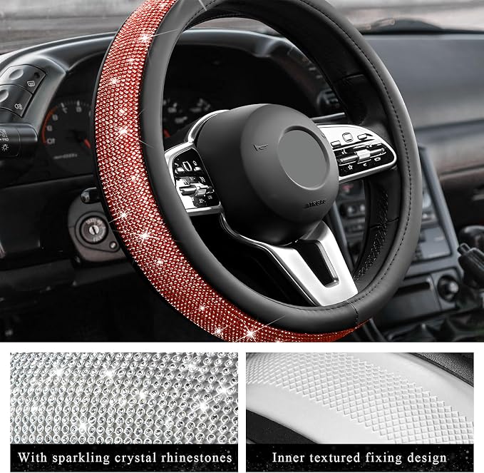 Diamond Leather Steering Wheel Cover, 15 Inch Bling Crystal Rhinestone Anti-Slip Wheel Protector, Universal Sparkling Elegant Diamond Steering Wheels Cover for Women Girl (Red)
