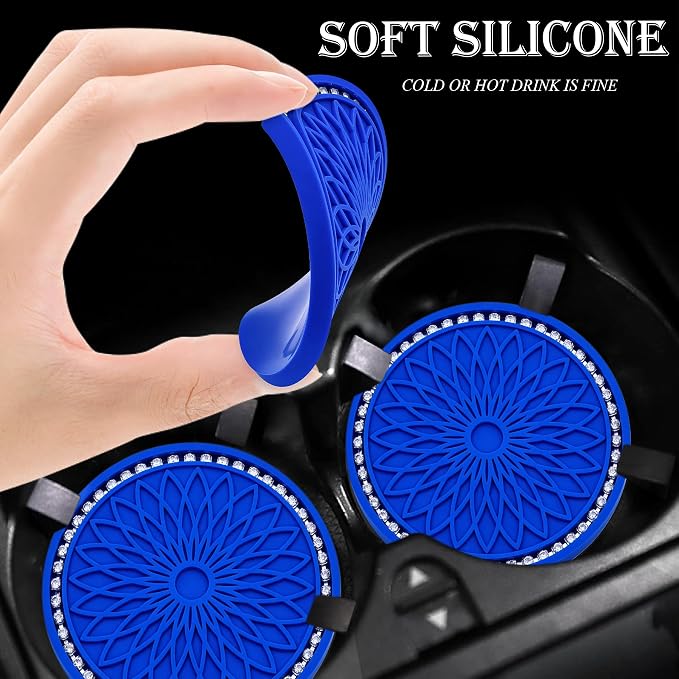 2PCS Bling Car Cup Holder Coasters, 2.75 Inch Silicone Anti-Slip Insert, Bling Shockproof Cup Mat for Women Girls, Universal Fit for Most Vehicles (Deep Blue & White)