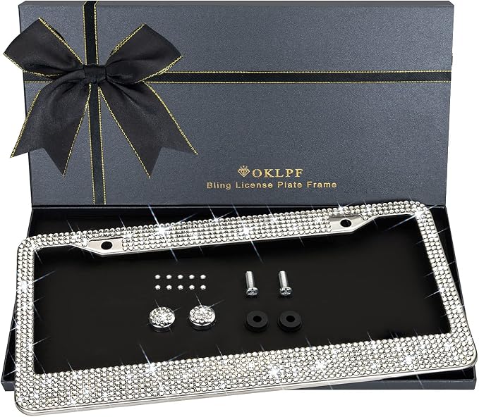 OKLPF Bling License Plate Frame for Women, White Sparkly Stainless Steel License Plate Frames| Over 1200 pcs 14 Facets Bedazzled Clear Glass Rhinestone Crystals w/Free Glitter Diamond Box, 1 Pcs