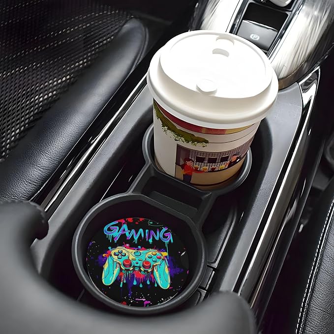 Game Car Cup Holder Coasters 2 Pack 2.63" for Women | Universal Anti Slip Ceramic Absorbent Coaster with Cork Base and Finger Notch Cute Car Accessories Interior