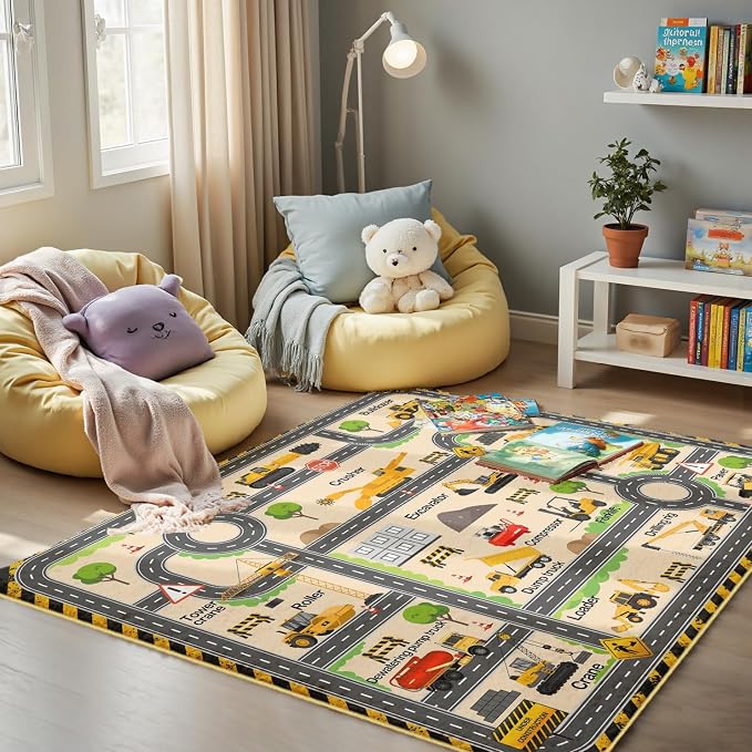 Kids Construction Playroom Rug, Faux Wool Excavator Map, Non-Slip, 4 x 6 ft | Excavator and truck design; Construction-site play; Soft faux wool surface; Non-slip backing; Easy-care finish