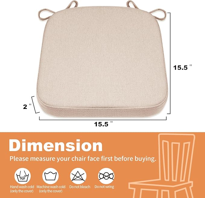 SINOSSO Memory Foam Chair Cushions for Folding Chairs 6 Pack, Thickened 2" Square Pads with Ties for Kitchen Chairs, Indoor Non-Slip Dining Chair Seat Cushions (Set of 6, Oatmeal Beige)