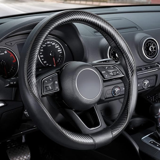 SEG Direct Car Steering Wheel Cover Universal Standard-Size 14 1/2"-15" Leather with Carbon Fiber Pattern Black