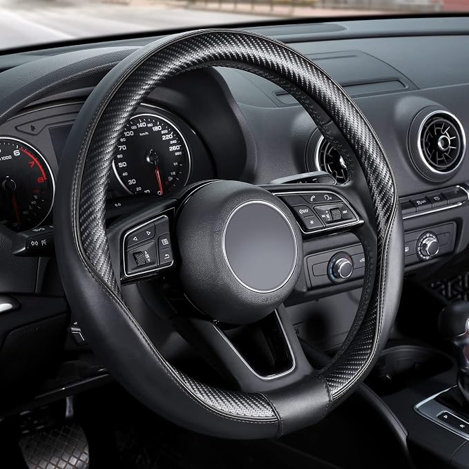 SEG Direct Car Steering Wheel Cover Small-Size for Prius Civic Model 3 Model Y Camaro Rogue with 14"-14 1/4" Outer Diameter Leather with Carbon Fiber Pattern Black
