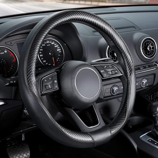 SEG Direct Car Steering Wheel Cover Small-Size for Prius Civic Model 3 Model Y Camaro Rogue with 14"-14 1/4" Outer Diameter Leather with Carbon Fiber Pattern Black