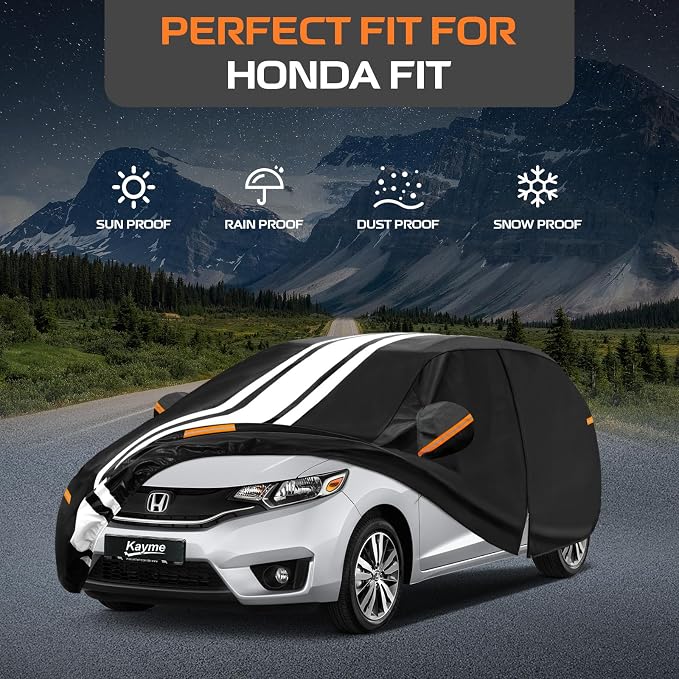 Kayme Heavy Duty Car Cover Custom Fit for Honda Fit (2006-2021) Waterproof All Weather for Automobiles, Gift with Tape/Towel, Outdoor Full Exterior Cover Rain Snow Sun UV Protection.