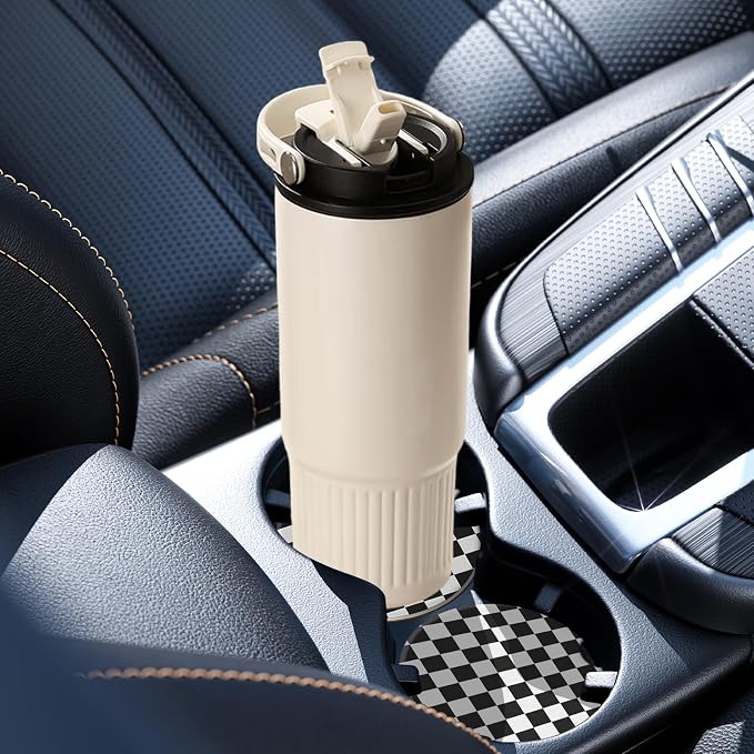 2 Pack Car Coasters for Cup Holders, Absorbent Ceramic Cup Coaster with Cork Base and Finger Notch, Cute Car Accessories Interior for Women Men (Grid-Black)