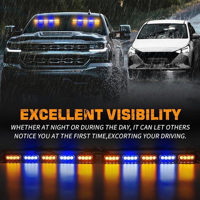 XRIDONSEN 2x 17 inch Dash Strobe Lights for Trucks, 40 LED Emergency Lights | Amber Blue Safety Warning Hazard Interior Front/Rear Windshield Light Bar w/ Controller for Construction Vehicles Plow Truck
