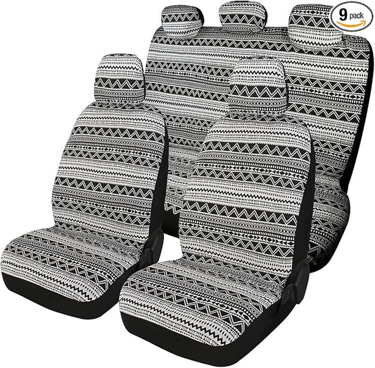 Baja Saddle Blanket Car Seat Covers 9PCS Full Set, Breathable and Washable Striped Woven Automotive Vehicle Seat Cover, Universal Boho Seat Cover for Sedan, SUV, Truck, Airbag Compatible