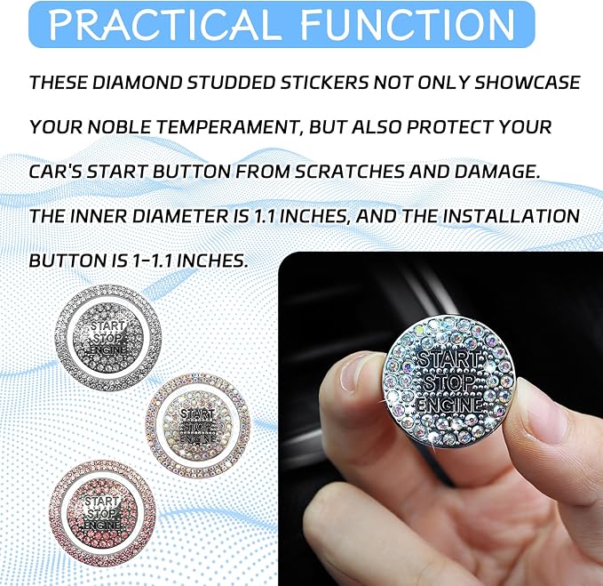 2PCS Rhinestone Push Start Button Cover Bling Car Accessories for Women, Sparkly Diamond Push to Starter Stop Button Decorative Cover, Key Ignition Knob Ring Crystal Emblem Sticker(Pink)
