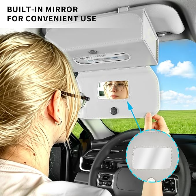 Car PU Leather Clip On Visor Tissue Holder with Mirror Storage Grey | Tissues Box Cover for Sun Visors Large Rectangle Napkin Holder Fit for Various Tissue Sizes Box Organizer for SUV Sedan Truck
