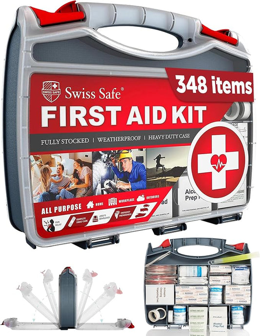 Swiss Safe 2-in-1 First Aid Kit for Car, Travel and Home, 348 Pieces, Large Hardcase with Bonus Mini Kit for Medical Emergency, Survival and Camping