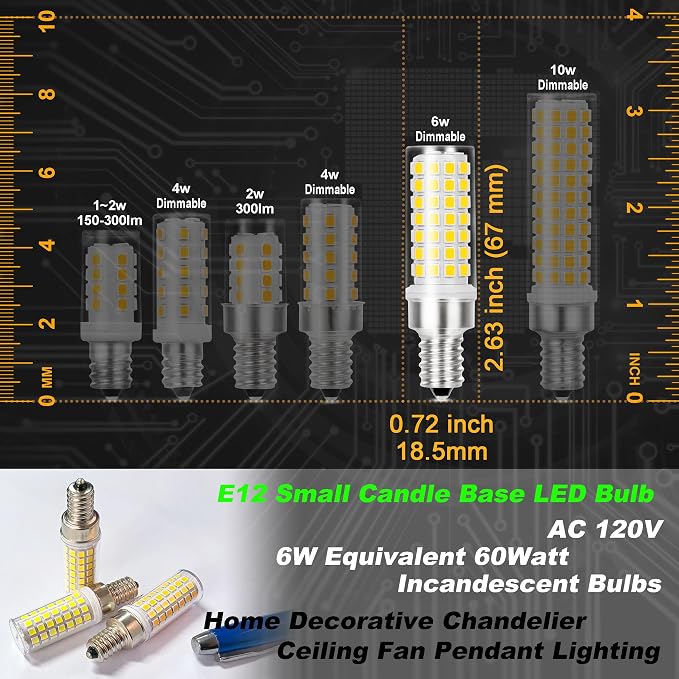 6W Dimmable E12 Ceiling Fan Bulb Natural White 4000K Candelabra Base,4 Pack | AC120V, Equivalent 60W, T6 C7 Candle Small Base for Desk lamp Outdoor Wall Sconce Chandelier Pendant Vanity Lighting, 600lm