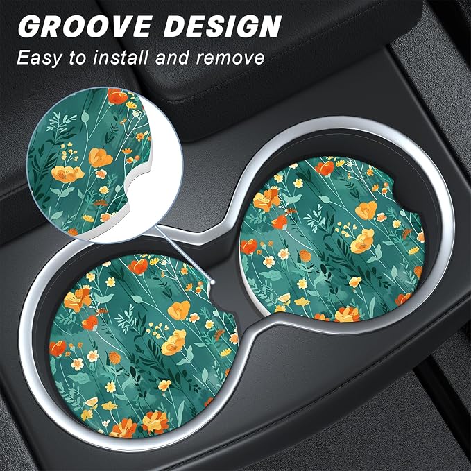 Aiawoxc Car Cup Holder Coasters, 2 Pack Universal Auto Anti Slip Insert Coaster with A Finger Notch, Cup Mat for Most Car Interior, Beautiful Flowers
