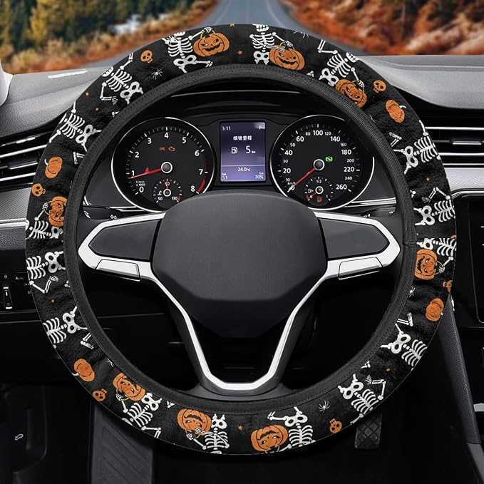 AFPANQZ Universal Fit Car Steering Wheel Cover Stretch-on Comfortable Grip | Funny Skull Pumpkin Print, Sweat Absorption Comfort Grip for Driver Women Men, Halloween Decor