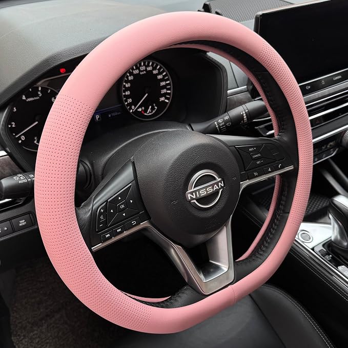 PINCTROT D Shaped Nappa Leather Steering Wheel Cover, Slim Fit No Bulk Design, One Piece Leather with Breathable Perforation, Fit Like Gloves, Flat Bottom 14.5-15 Inch(Nappa Pink)