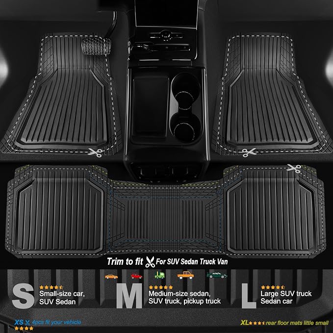CAR PASS Heavy Duty Rubber Floor Mats for Car, Waterproof Liner Deep Dish Car Mats Full Sets, Universal Trim to Fit for SUV Truck Sedans Vans, All Weather Automotive Floor Mats 3pcs, Solid Black