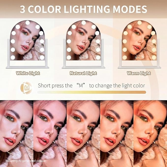 Arched Makeup Vanity Mirror with LED Lights Makeup Mirror Detachable 10X Magnification, Hollywood Make Up Mirror with Lighting, Smart Touch, Rechargeable,360° Rotation, White 18.5"x 14.17"