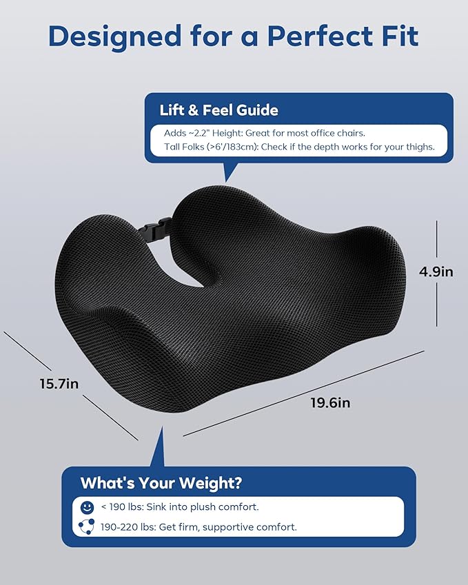 Feagar Seat Cushion for Office Chair - Memory Foam Tailbone Cushion for Desk Chair, Car Seat and Wheelchair - Ergonomic Chair Pad for Hip and Lower Back Comfort