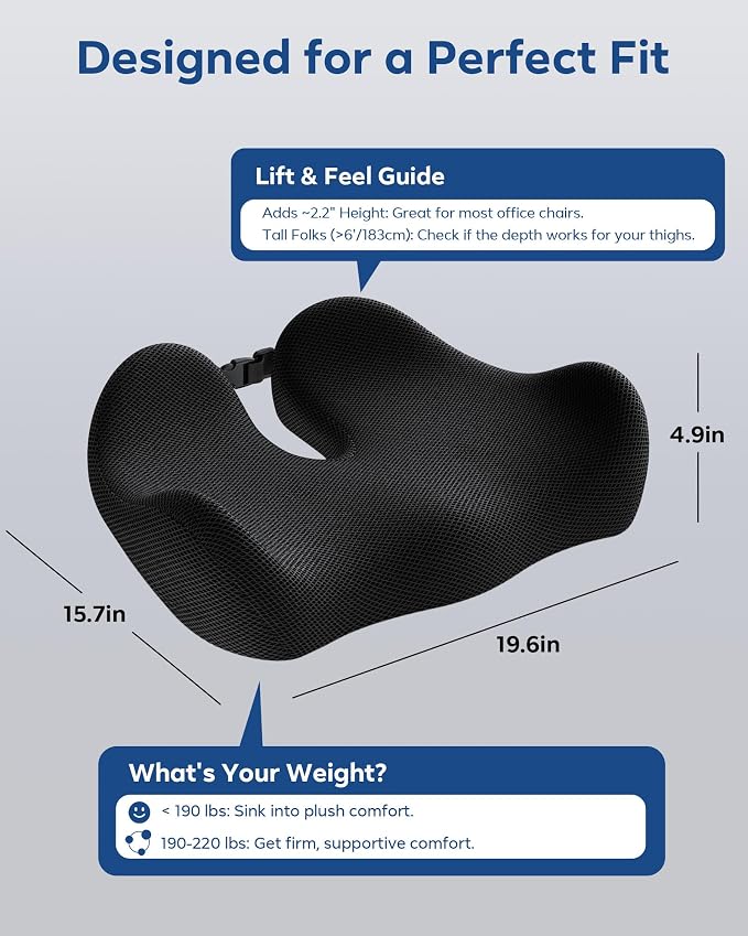 Feagar Seat Cushion for Office Chair - Memory Foam Tailbone Cushion for Desk Chair, Car Seat and Wheelchair - Ergonomic Chair Pad for Hip and Lower Back Comfort - Washable Mesh Cover
