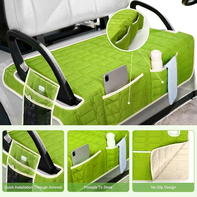 Golf Cart Seat Cover, Universal Bench Seat Cover with Storage Pockets, Non-Slip Seat Protector for Golf Cart, Fits EZGO Club Car Yamaha, Easy Install