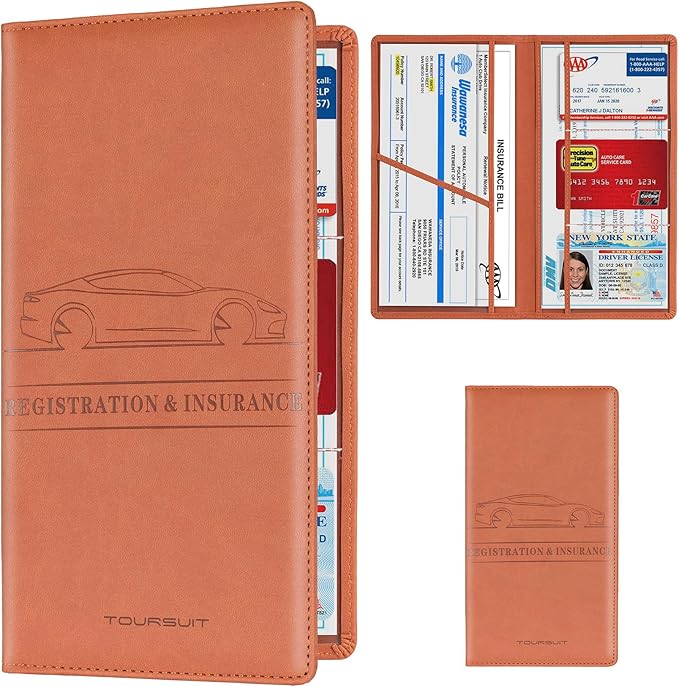 TOURSUIT Car Registration & Insurance Card Holder, Brown | Vehicle License Document Organizer, Glove Box Compartment, Interior Car Accessories, For Women Men