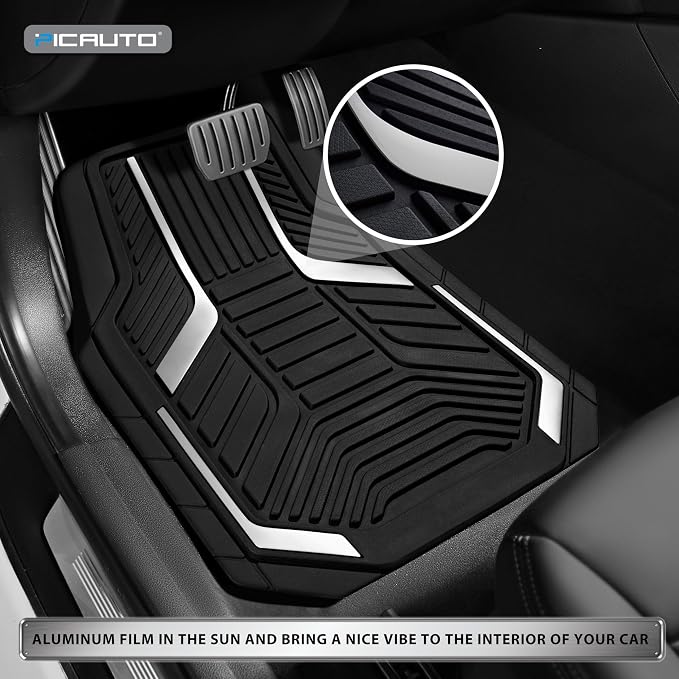 PIC AUTO Heavy Duty Rubber Floor Mats, Silver Aluminum Film Car Mats Set, Front and Rear Car Mats with Anti-Slip Backing, All Weather Protection, Trim-to-Fit for Automotive SUV, Sedan, Van
