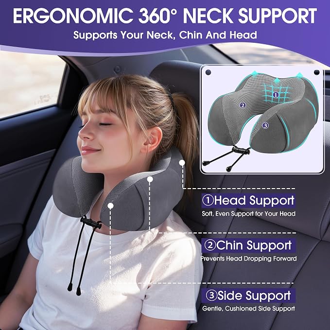 CloudBliss Memory Foam Travel Pillow for Airplane, Neck Pillow for Traveling, Airplane Pillow for Long Flight Travel, Compact Neck Pillow with Eye Mask, Earplugs, Carry Bag, Trip Essentials, Dark Grey