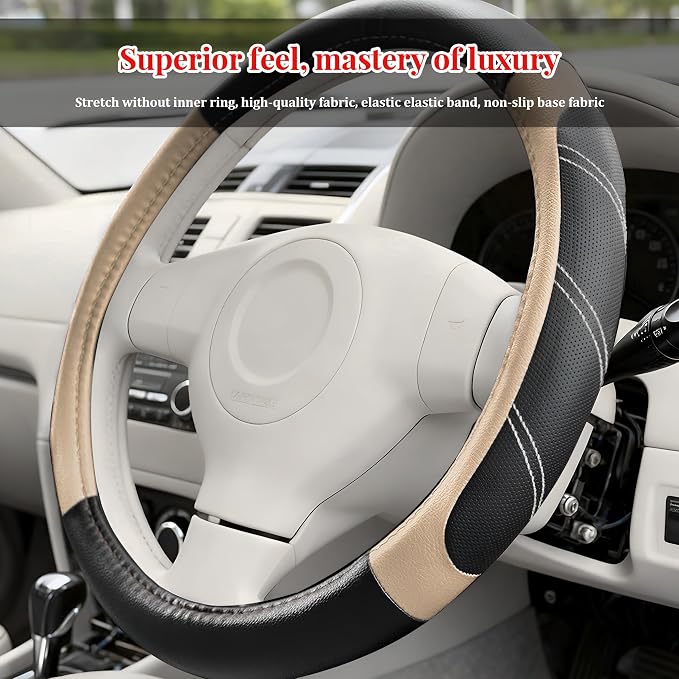 Car Steering Wheel Cover, 14.5-15" Non-Slip Soft Leather Breathable Sporty Steering Wheel Protector, Comfortable Automotive Interior Protection Accessory, Universal for Vehicles (Black/Beige)