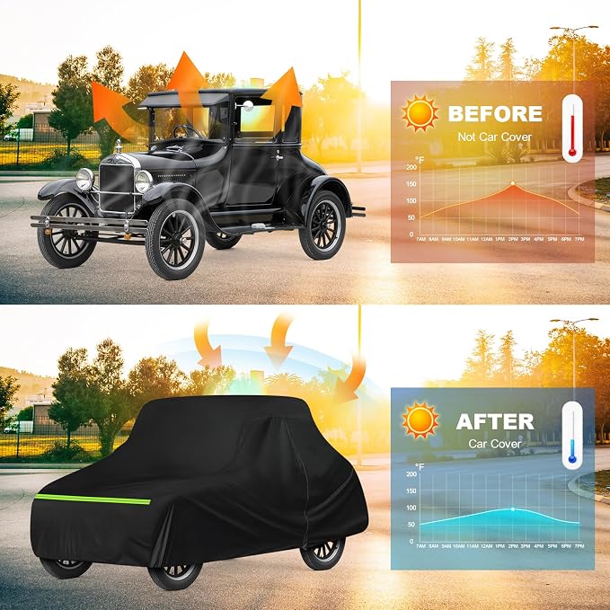QUNSUNUS Car Cover for Ford Model T 1908-1927 Waterproof with Cotton Lining | Heavy 420D Oxford Outdoor All-Weather Model T Car Cover, with Zipper and Straps, for Dust, Sun, Wind Protection
