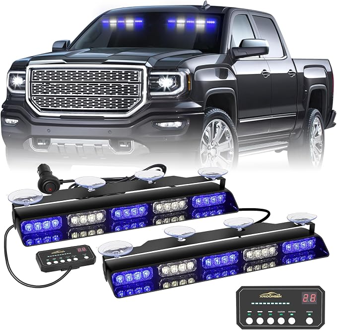 XRIDONSEN 2x 17 inch 40 LED Blue White Emergency Dash Strobe Lights | Interior Front/Rear Windshield Light Bar Safety Flashing Warning Hazard w/Suction Cups for Vehicles Trucks Car