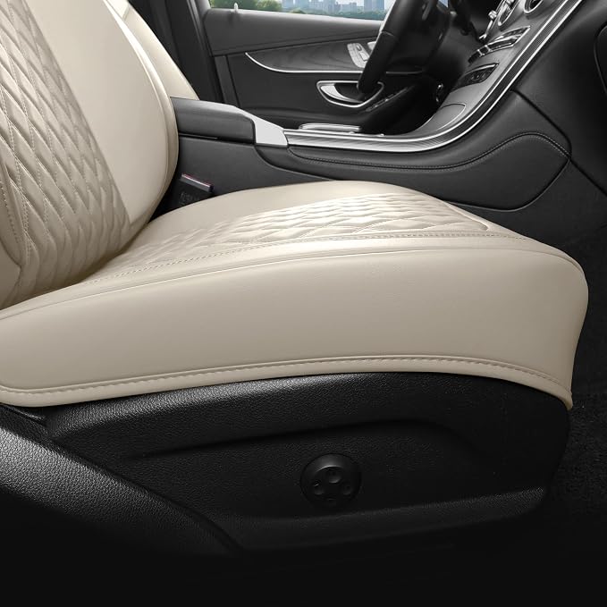 Beige Thick Nappa Leather Automotive Front Car Seat Covers Set of 2 | Univerasal Precision Fit,3D Contoured,Full Coverage,Waterproof,ThickTexture Nappa Leather,for most Suvs Trucks Sedans