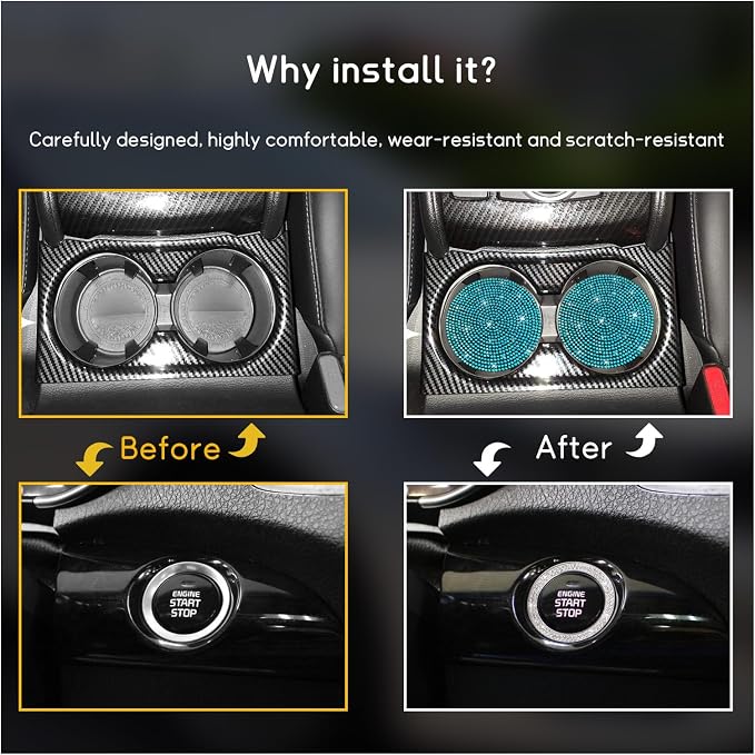 Ziciner 2 Pack Bling Car Cup Holder Coaster, Anti-Slip Auto Insert Coaster with Start Stop Button Cover, Universal Shiny Crystal Vehicle Interior Accessories for Women and Girls (Light Blue)