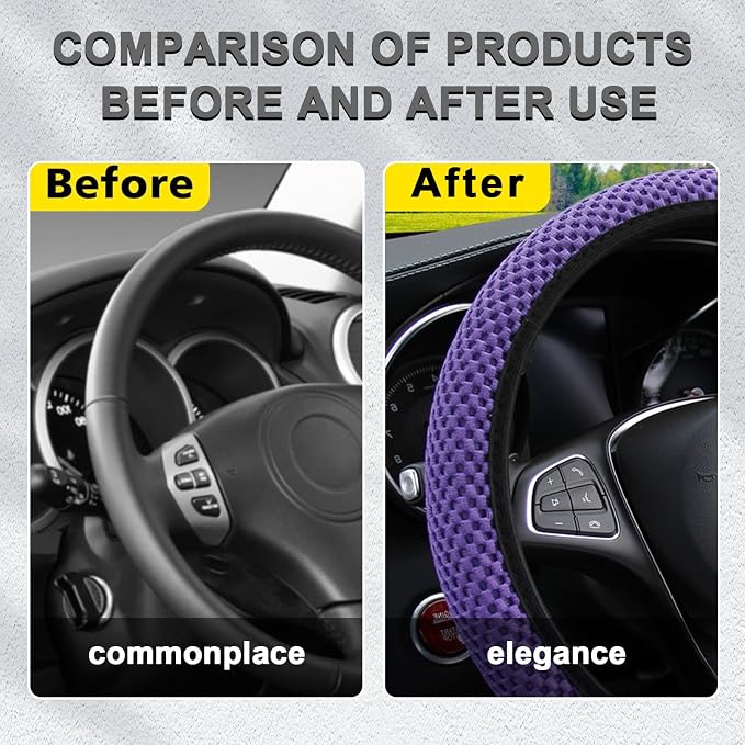 Kewucn Car Elastic Stretch Steering Wheel Cover, Soft Microfiber Breathable Ice Silk, Universal 15 Inch Anti-Slip Auto Steering Wheel Protector, Fit Car, SUV, Van, Sedan, Truck (Purple)