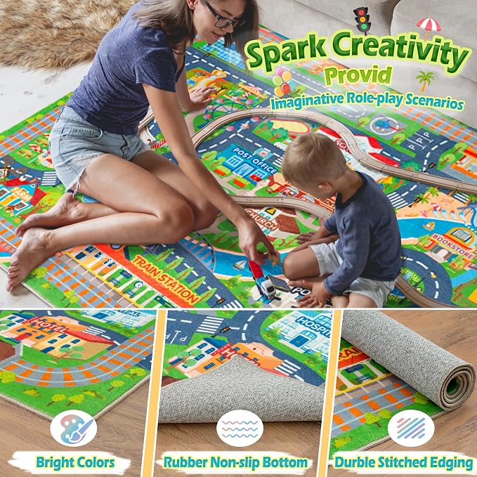 Car Rug Play Mat for Kids Toy Cars, Road Traffic Playmat for Kid Bedroom, Non-Slip Machine Washable Town City Race Track Carpet for Learn and Have Fun 7'x9'/ 84"x108"