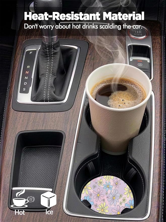 WOCOCN Car Coasters for Cup Holders - 2 Pack 2.75" Universal Rubber Car Cup Coaster, Non-Slip Waterproof Car Interior Accessories, Cute Car Decor Gifts for Women and Men (Daisy)