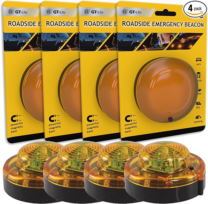 GT-Lite 4 Pack LED Emergency Beacon Yellow,Roadside Flare,Magnetic Base,2 Modes Flash and Steady,for Car Emergency Kit or Amish Buggy,RV,Boat,Crush Resistant,Water Resistant