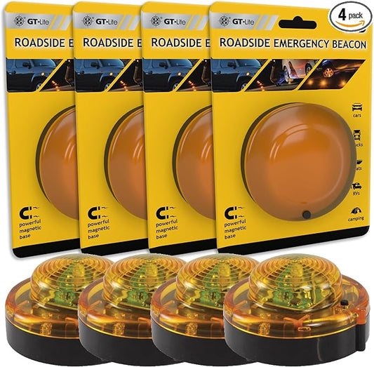GT-Lite 4 Pack LED Emergency Beacon Yellow,Roadside Flare,Magnetic Base,2 Modes Flash and Steady,for Car Emergency Kit or Amish Buggy,RV,Boat,Crush Resistant,Water Resistant