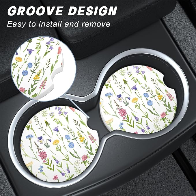Aiawoxc Car Cup Holder Coasters, 2 Pack Universal Auto Anti Slip Insert Coaster with A Finger Notch, Cup Mat for Most Car Interior, Colorful Flower