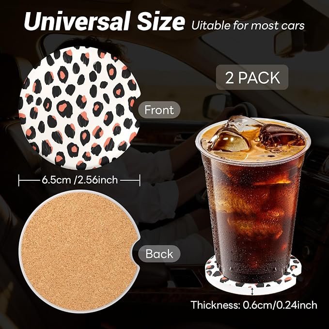 Car Cup Holder Ceramic Coasters 2 Pack, 2.56 in Anti Slip Absorbent Coaster with Cork Base and Finger Notch, Funny Cute Car Accessories Interior for Women, Orange Leopard Print