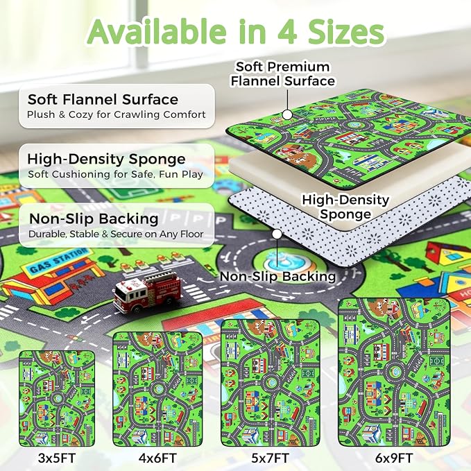 Kids Road Rug 4 x 6 Ft, City Car Play Mat for Kids with Realistic Colors, Non-Slip Floor Carpet for Classroom, Playroom & Bedroom
