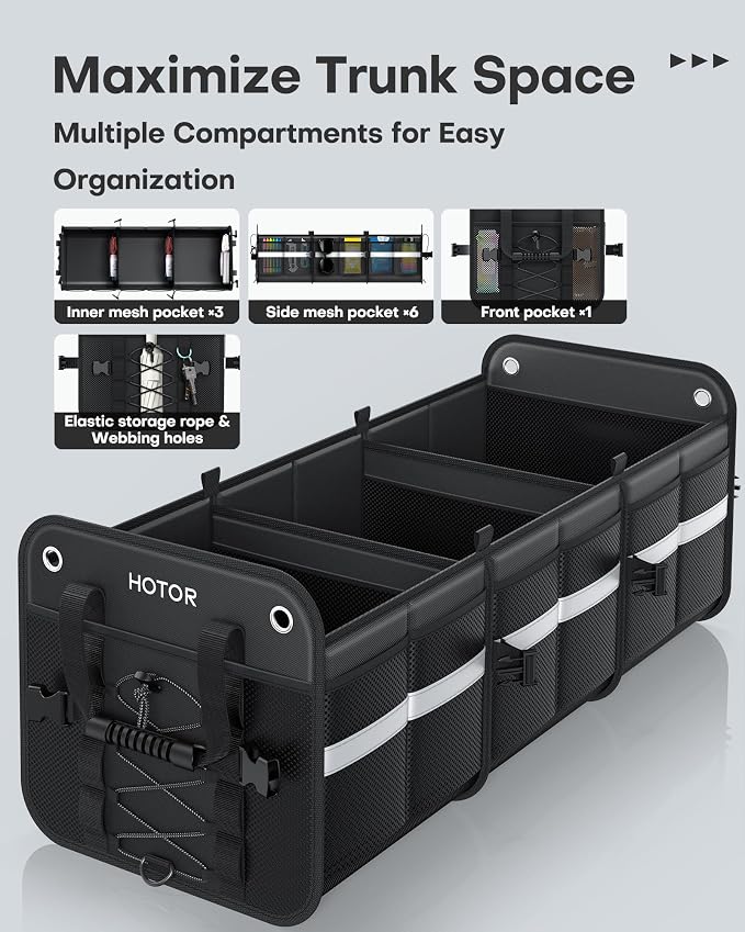 HOTOR Trunk Organizer for SUV – Car Storage Box with Reflective Strips, Collapsible Car Organizer with Large Capacity, Essential Car Accessories for Truck, Van & Sedan, Black, 33.1" x 13.0" x 12.0"