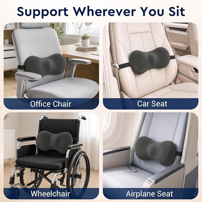 Lumbar Support Pillow for Office Chair - Ergonomic Lower Back Support Pillow with Adjustable Strap, C-Curve Back Cushion with T-Support Core for Car Seat, Gaming Chair, Desk Chair, Grey